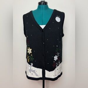 Women Christmas Sweater Vest Large 12/14 Reindeer Snowflake Holiday Grandma Core